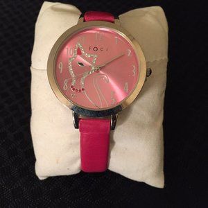 Foci Crystal Kitty Cat Watch - Red Leather Band - New